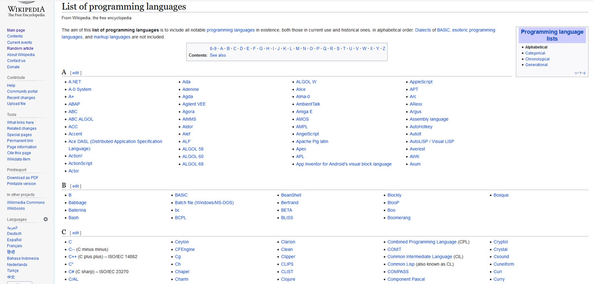 Lijst op wikipedia met programmeertalen