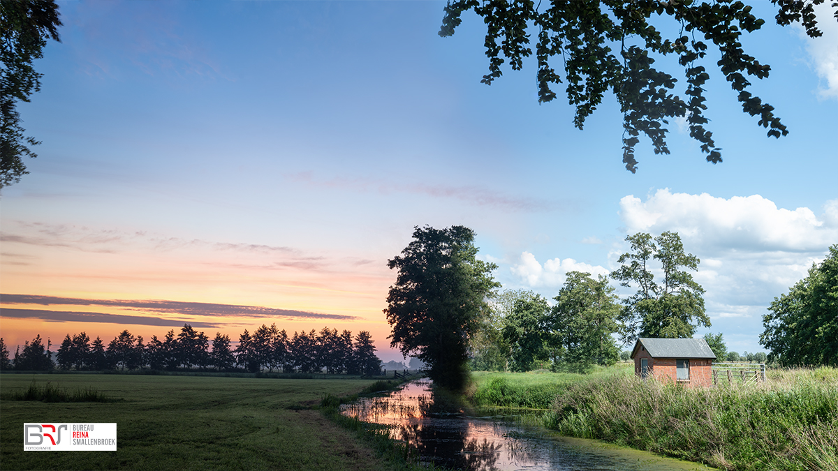 Bomen, water in De Onlanden dag versus zonsopkomst