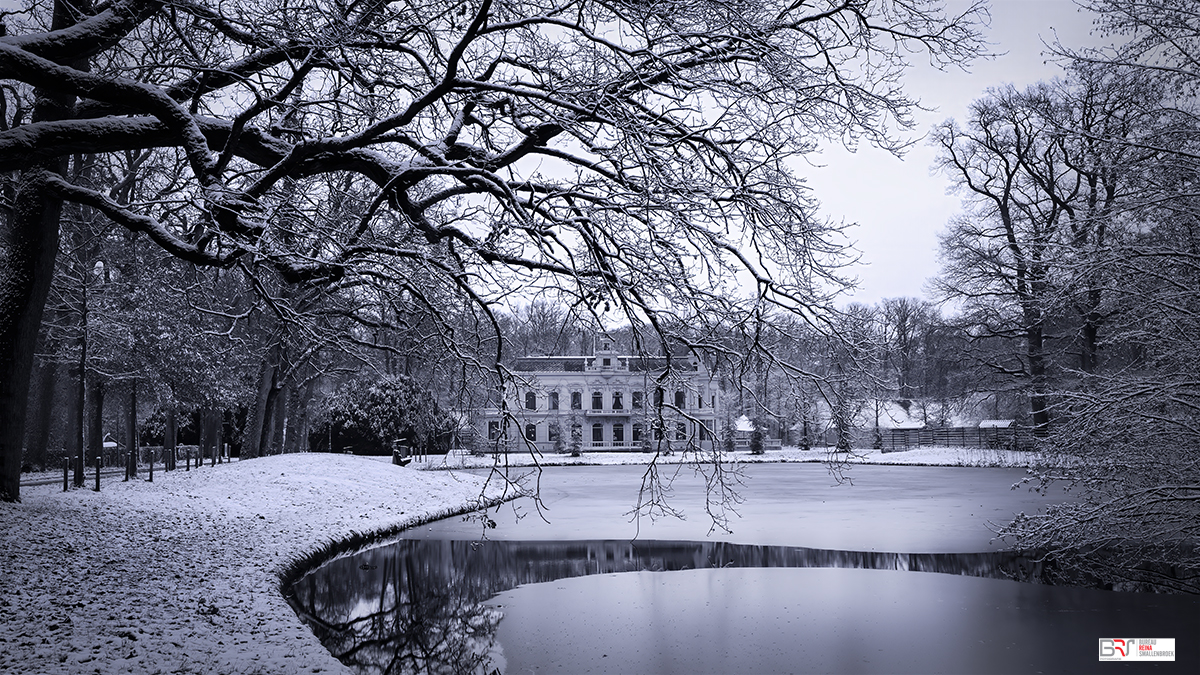 kasteel Nienoord in zwart-wit met vijver