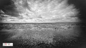 Interessante lucht bij het Wad Ternaard in zwart-wit